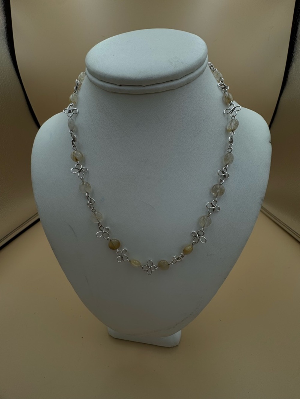 Delicate Citrine Bead & Silver Floral Link Necklace - Yellow. 92